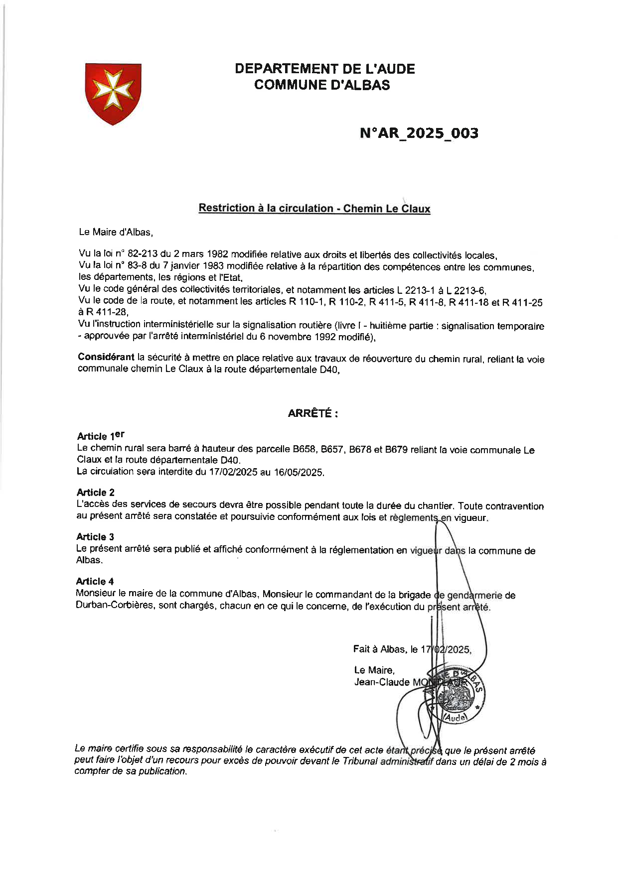 AR_2025_003_restriction circulation le Claux du 17/02/2025