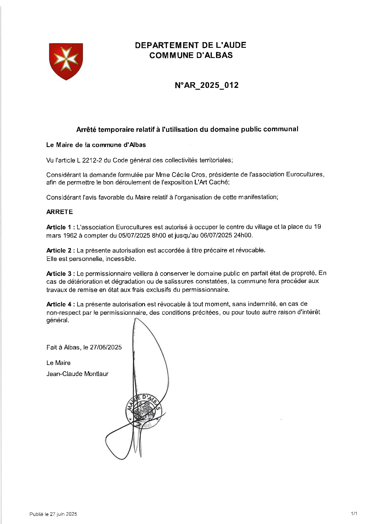 AR_2025_012 UTILISATION DOMAINE PUBLIC 05 et 06 juillet 2025