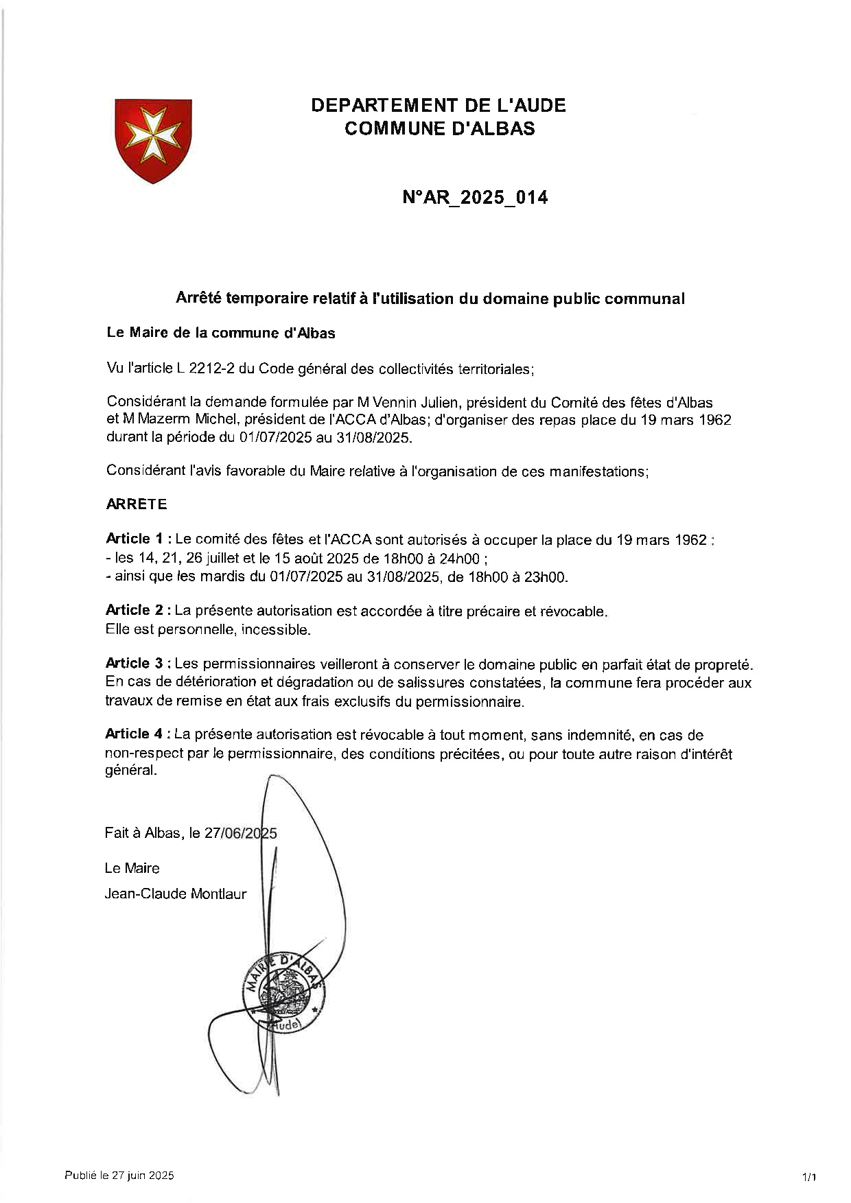 AR_2025_014 UTILISATION DOMAINE PUBLIC juillet aout 2025