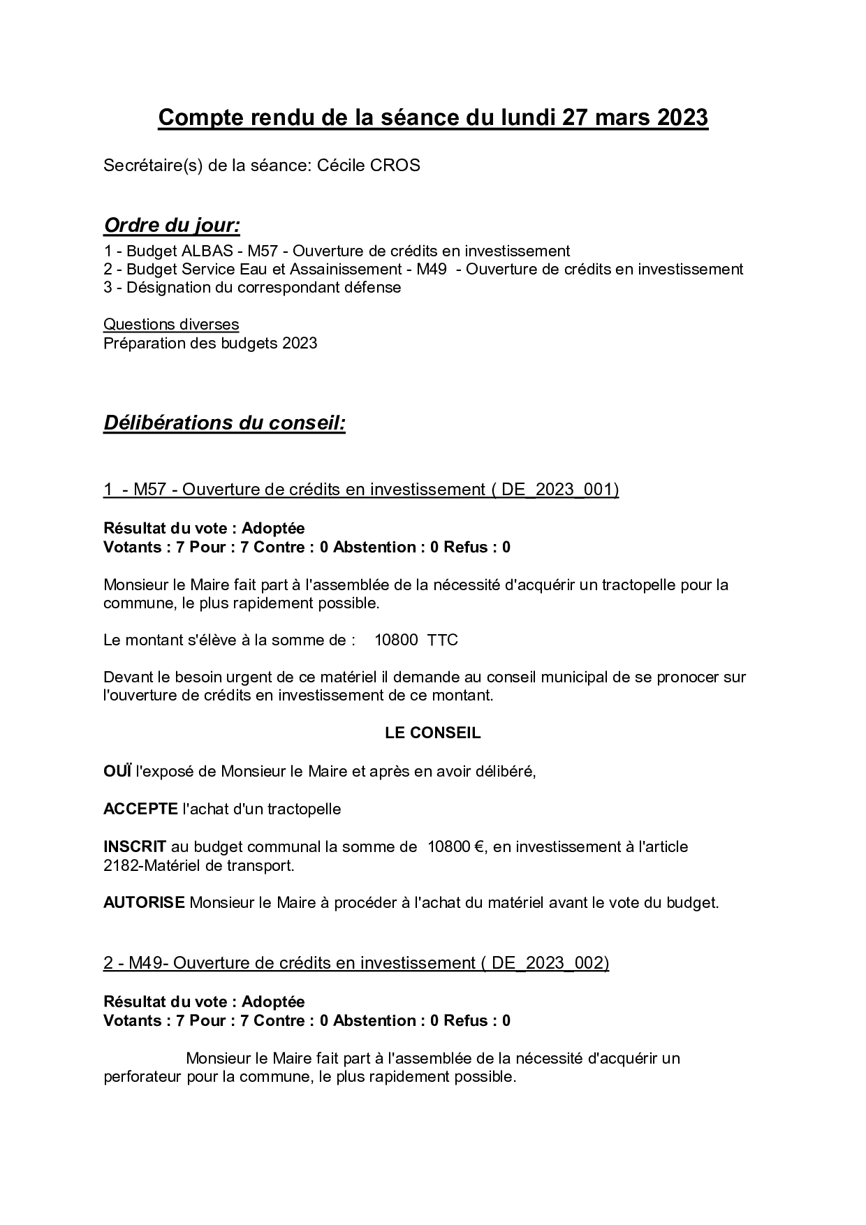 Compte rendu séance du 27 mars 2023