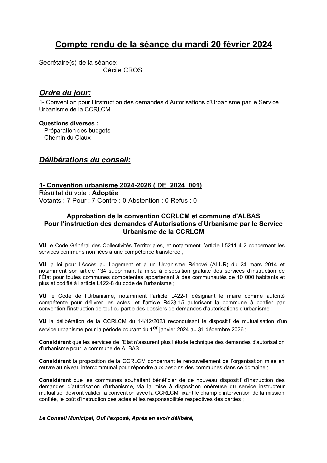 Compte rendu séance du 20 février 2024