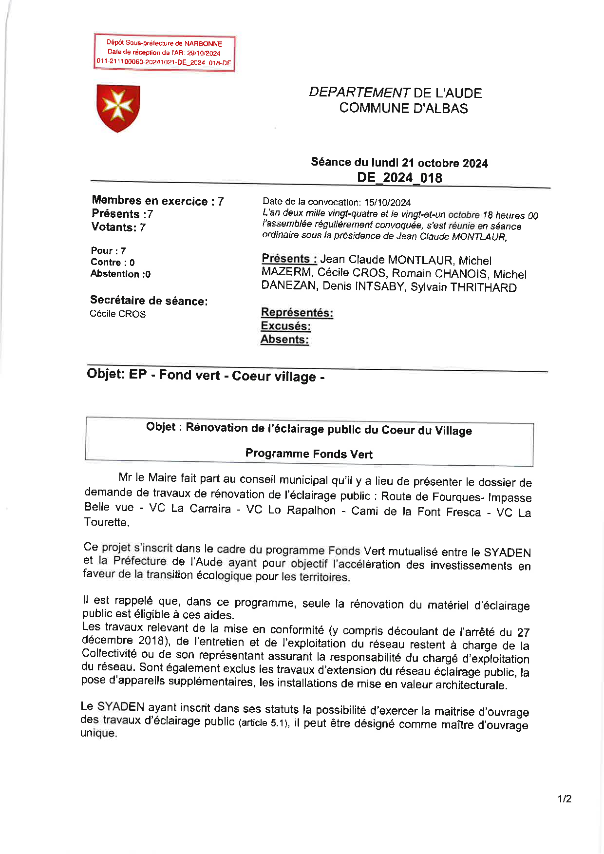 Délibération 21 octobre 2024